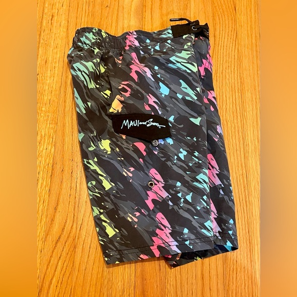 MAUI & SONS 80s 90s NEON RAD SPLATTER BOARD SHORT SWIM SURF TRUNKS BOYS 7/8 - Picture 4 of 5